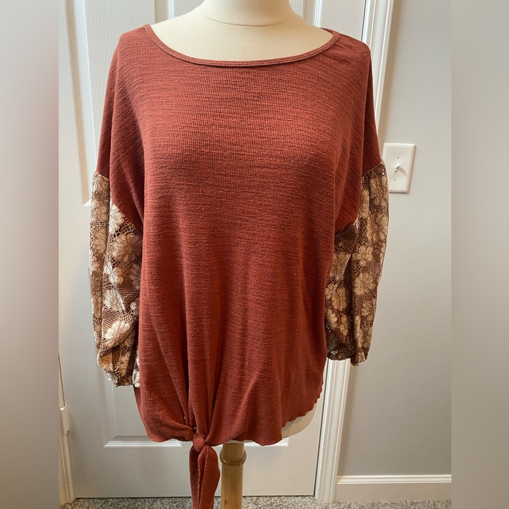 3/4 sleeve fall/autumn/thanksgiving rusty red orange blouse with detailed sleeve